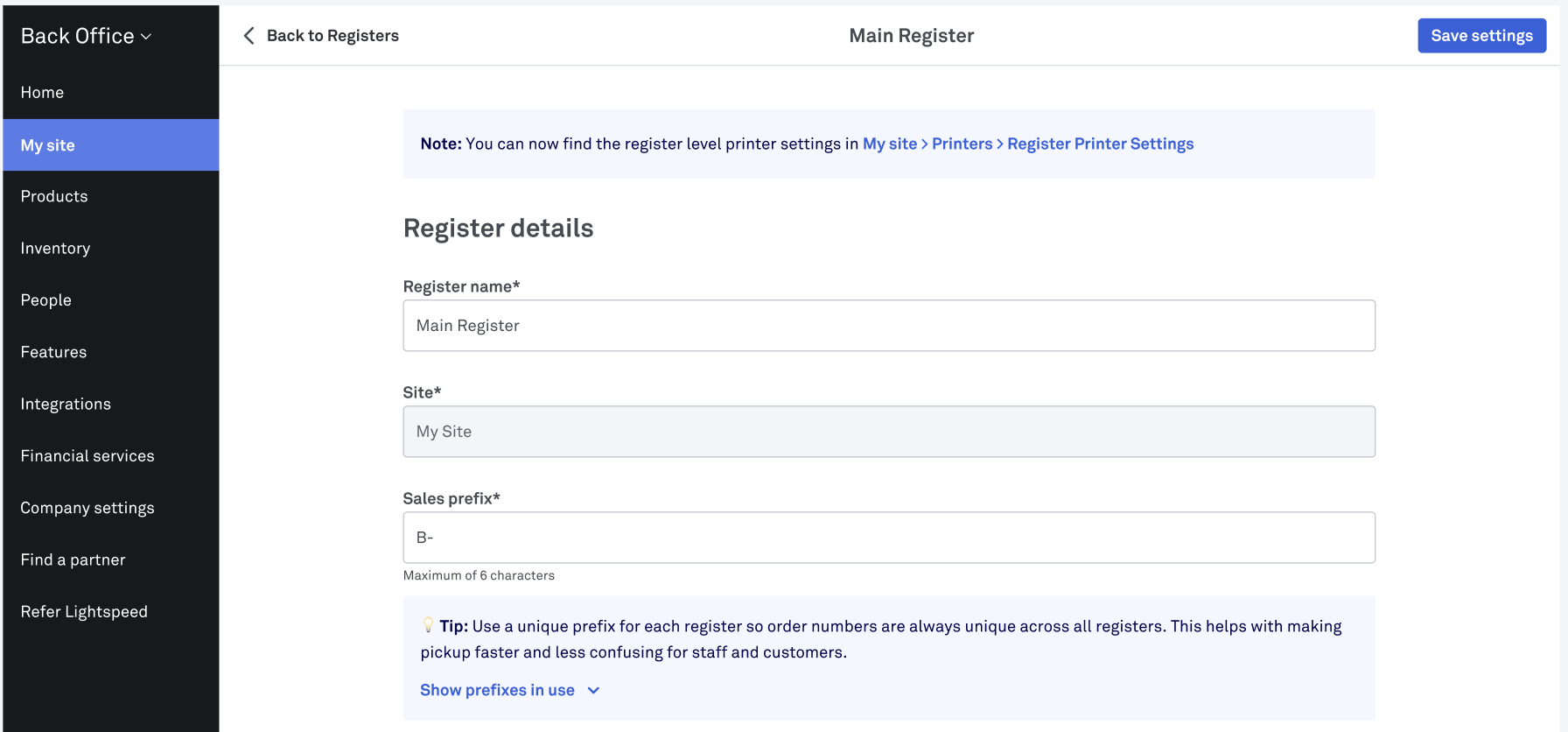 sales prefix_register settings