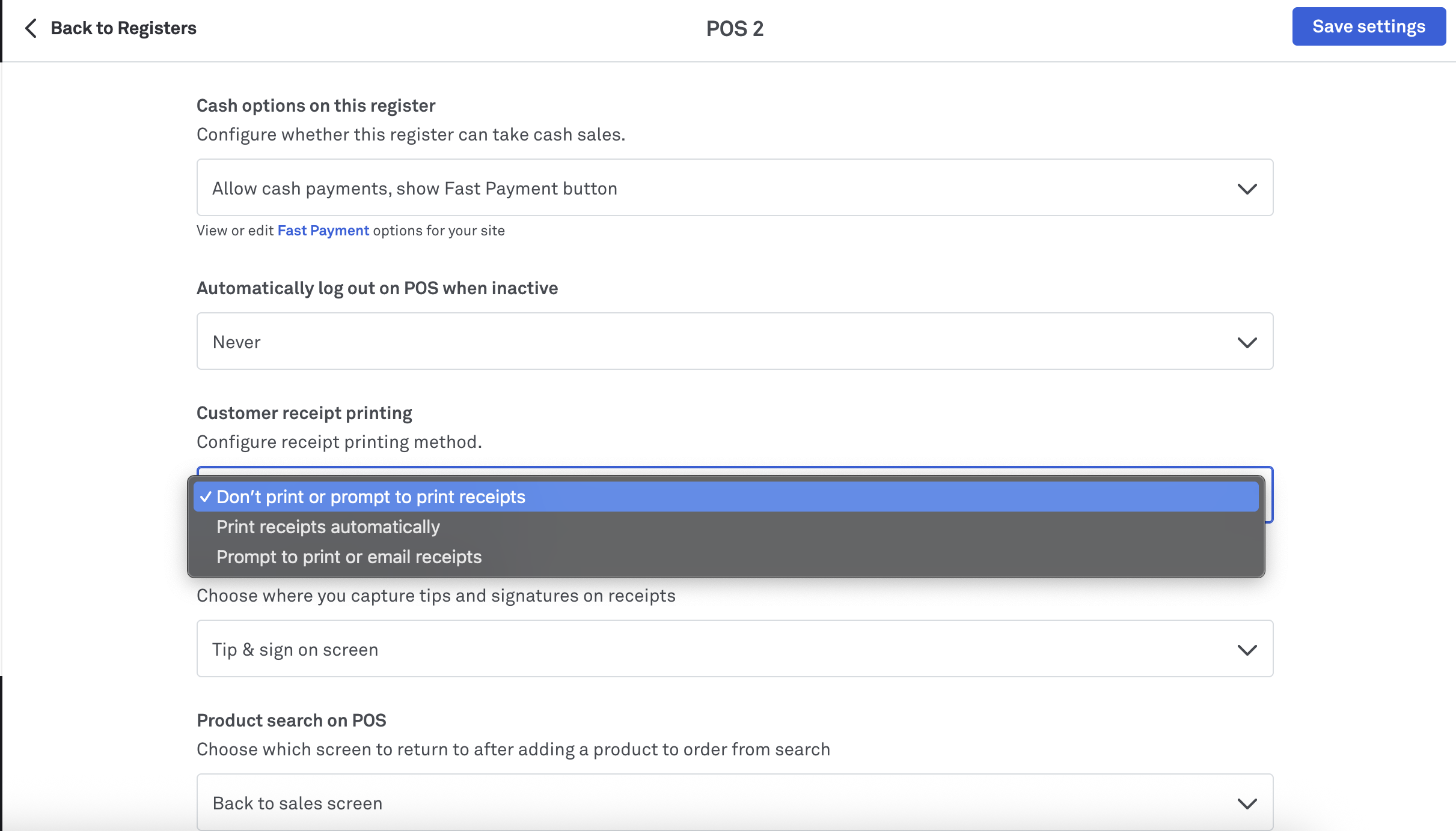 Customer receipt printing settings