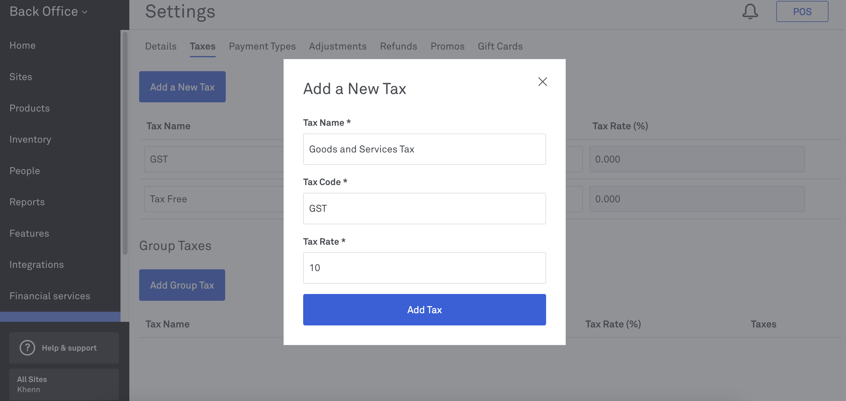 Add New Tax_Back Office