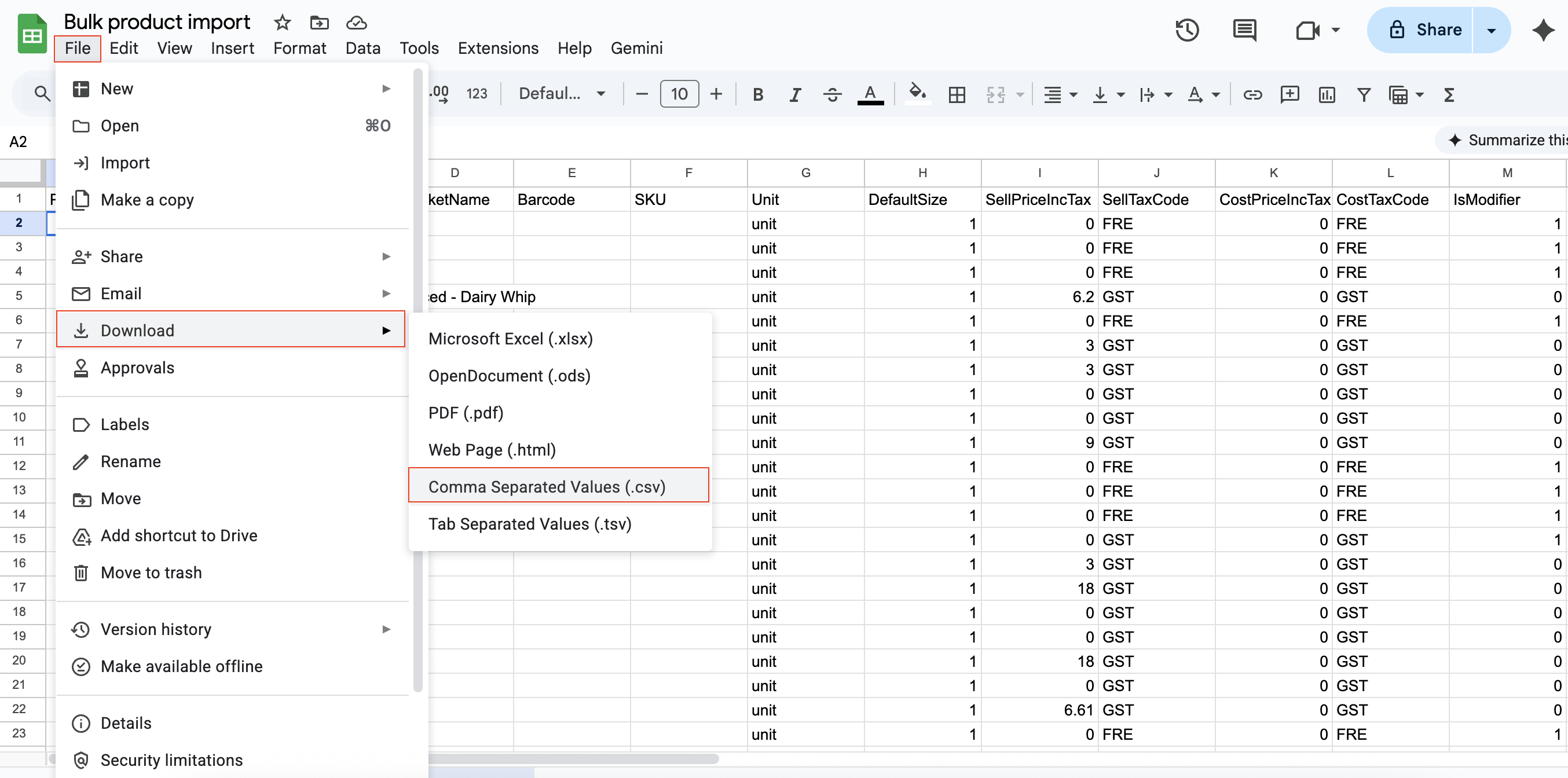 Save file as CSV_Google sheets