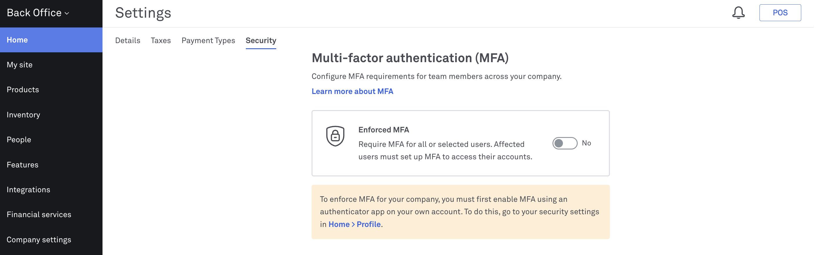 Back Office security section for MFA