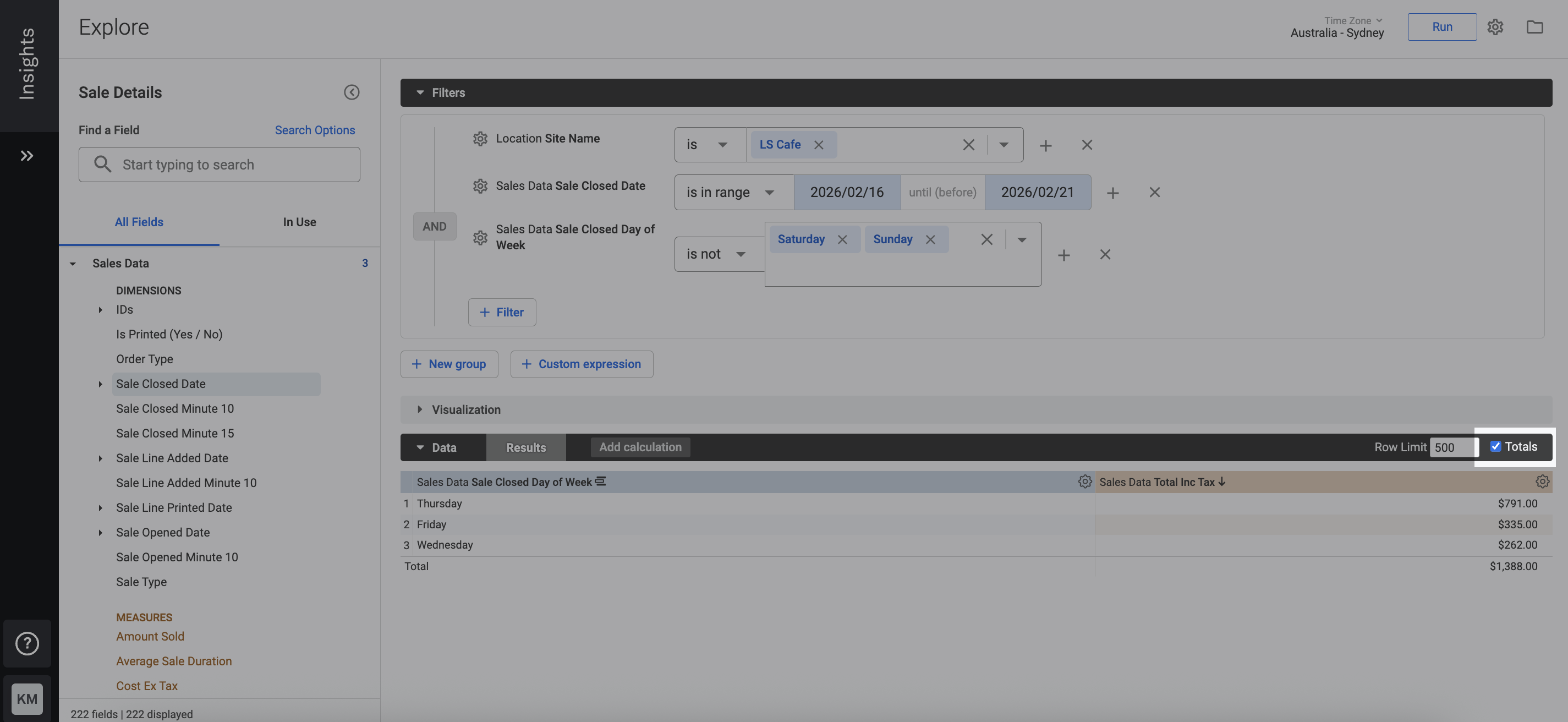 Insights custom report Totals button