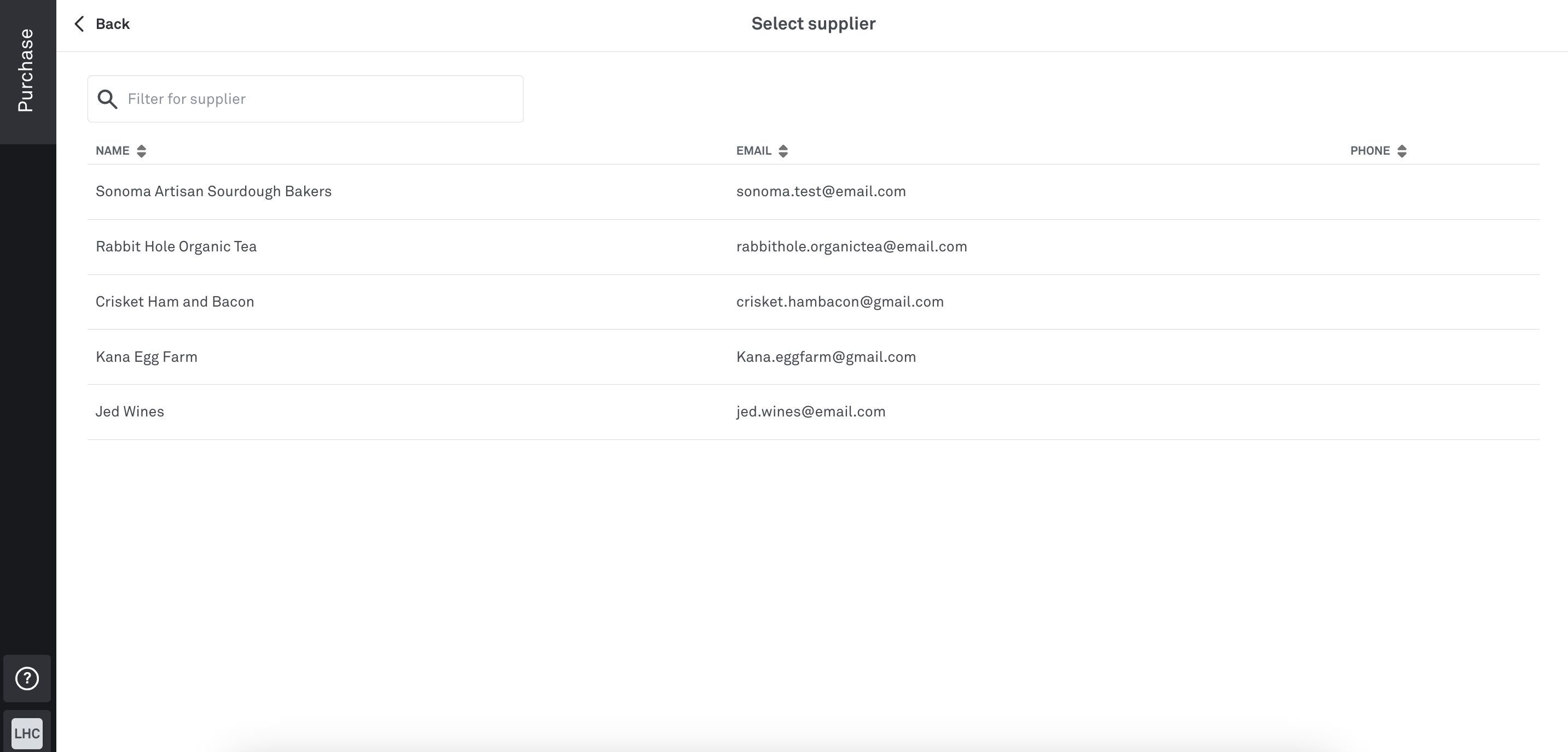 Purchase supplier list