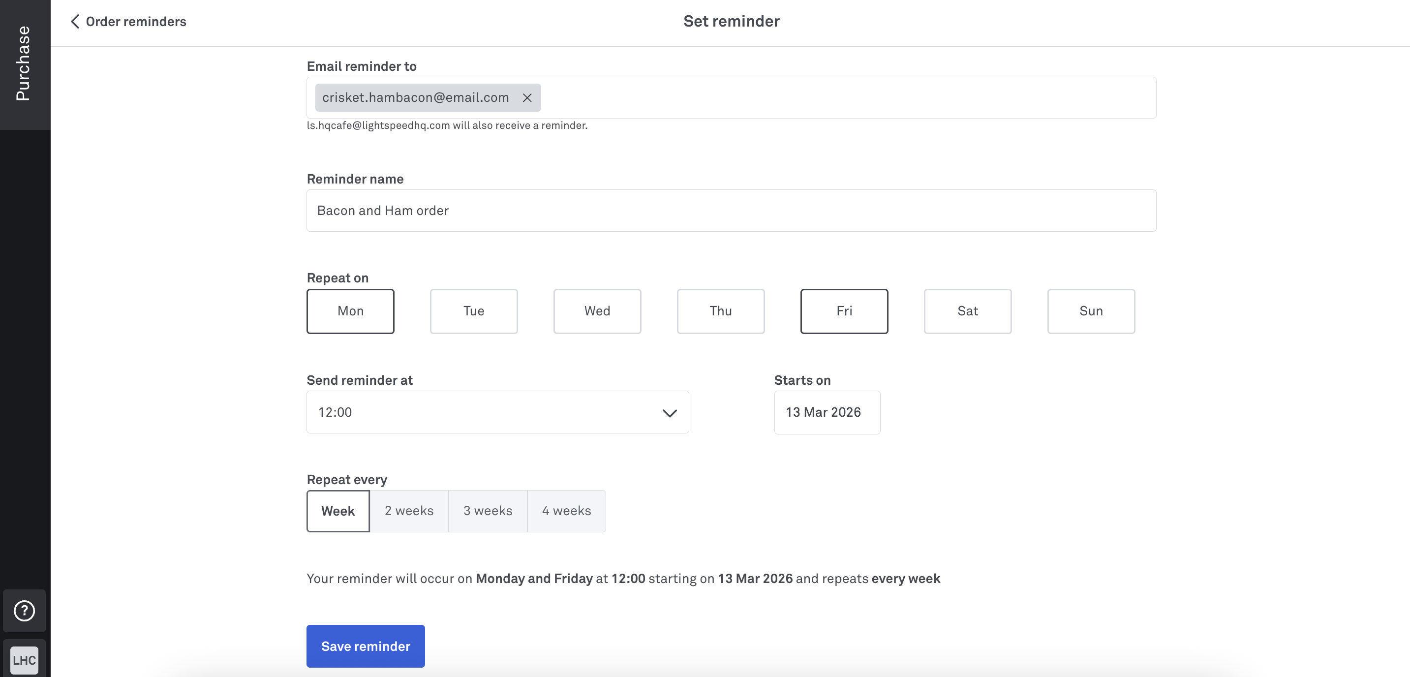 Purchase scheduling order reminder