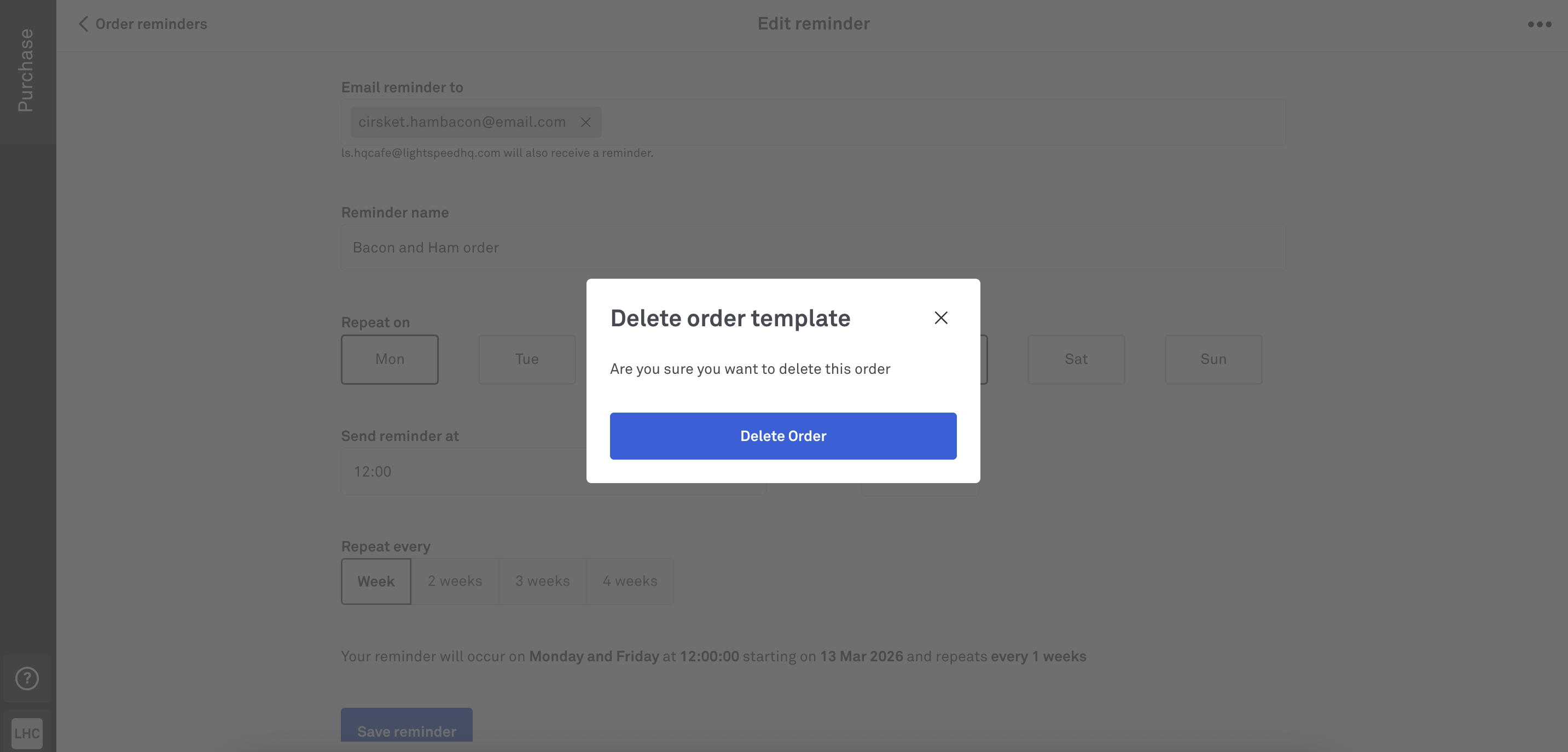 Purchase deleting order reminder
