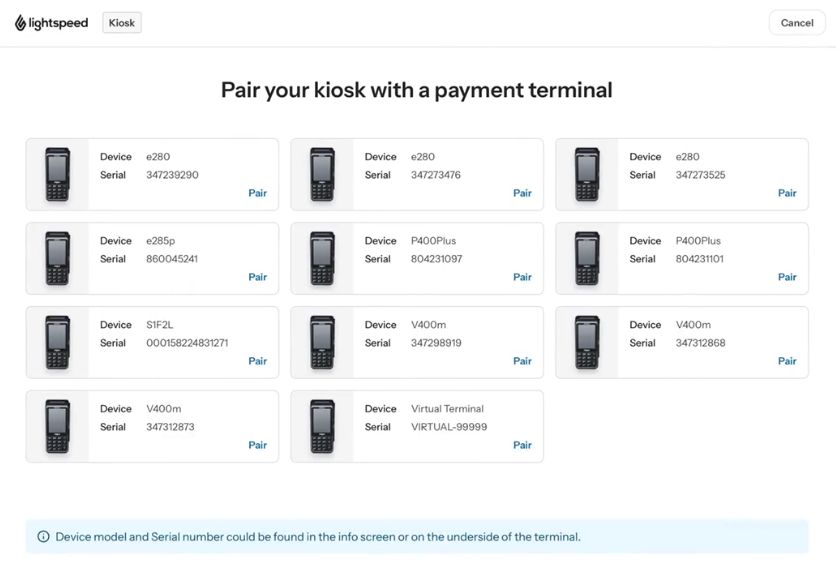 Lightspeed Kiosk payment terminal pairing screen