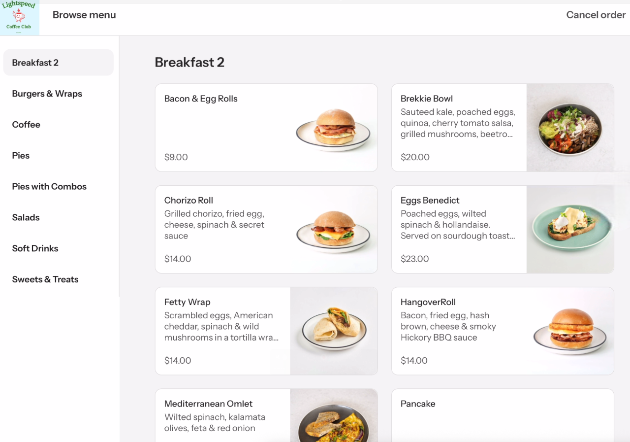 Lightspeed Kiosk product menu screen