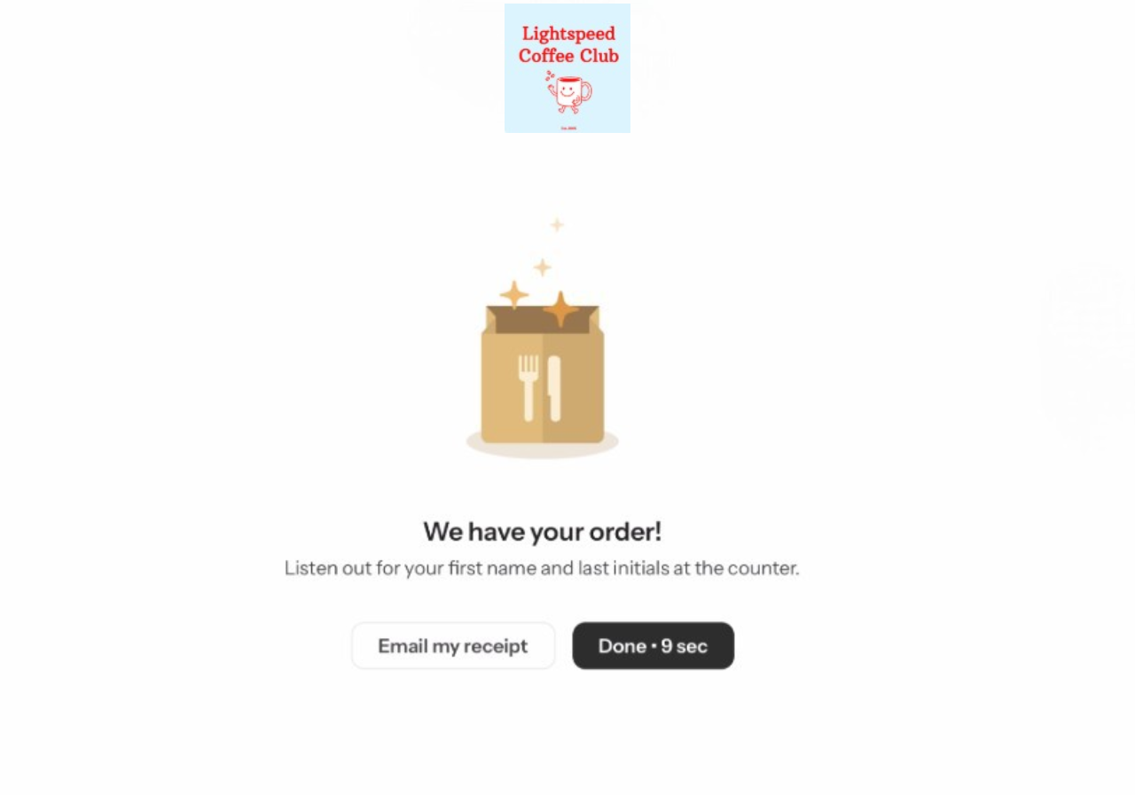 Lightspeed Kiosk order confirmation and email receipt screen