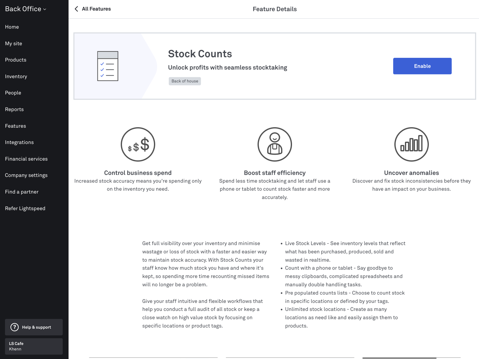 Enable stock count feature