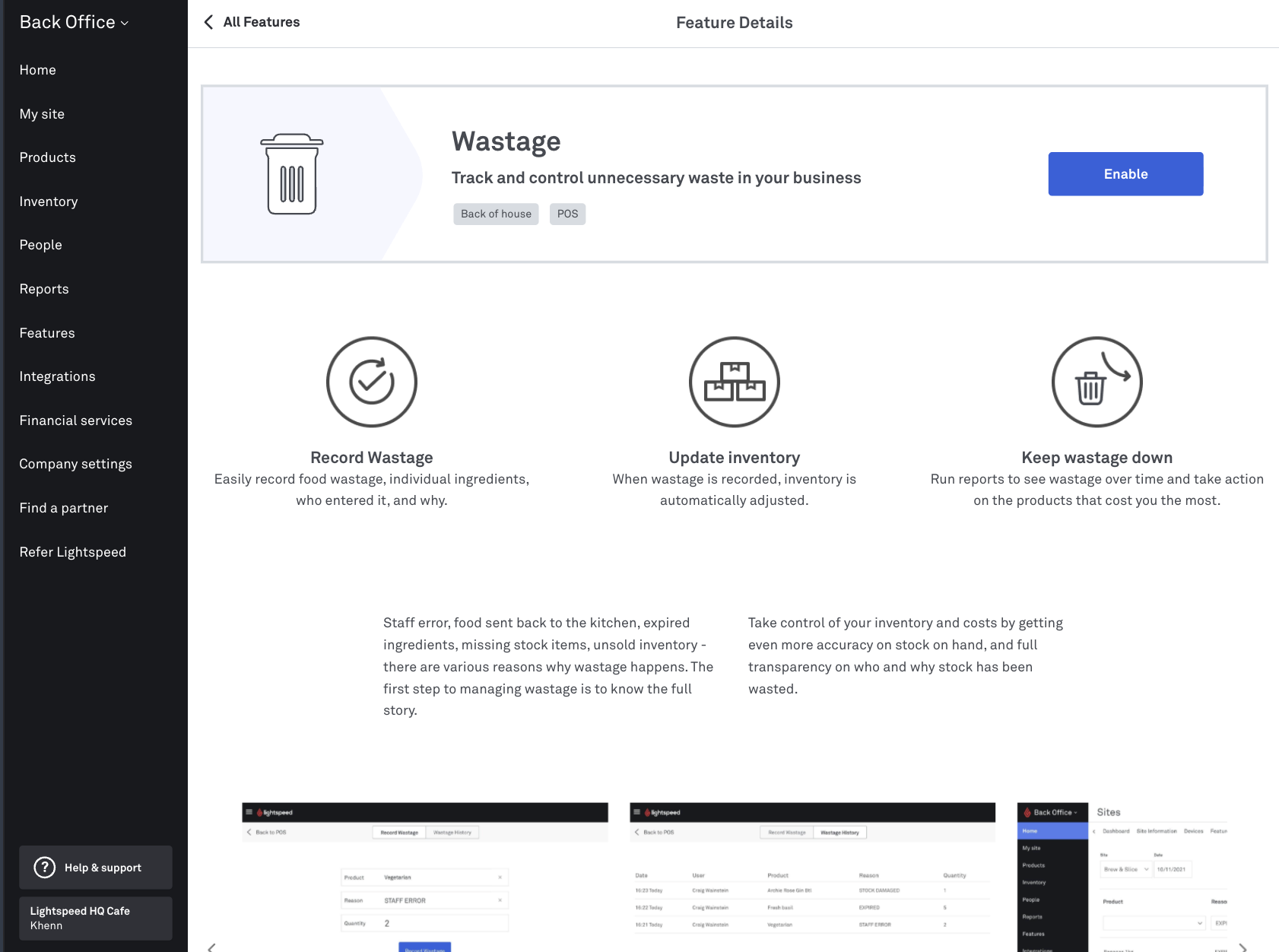 Enable Wastage feature in Back Office