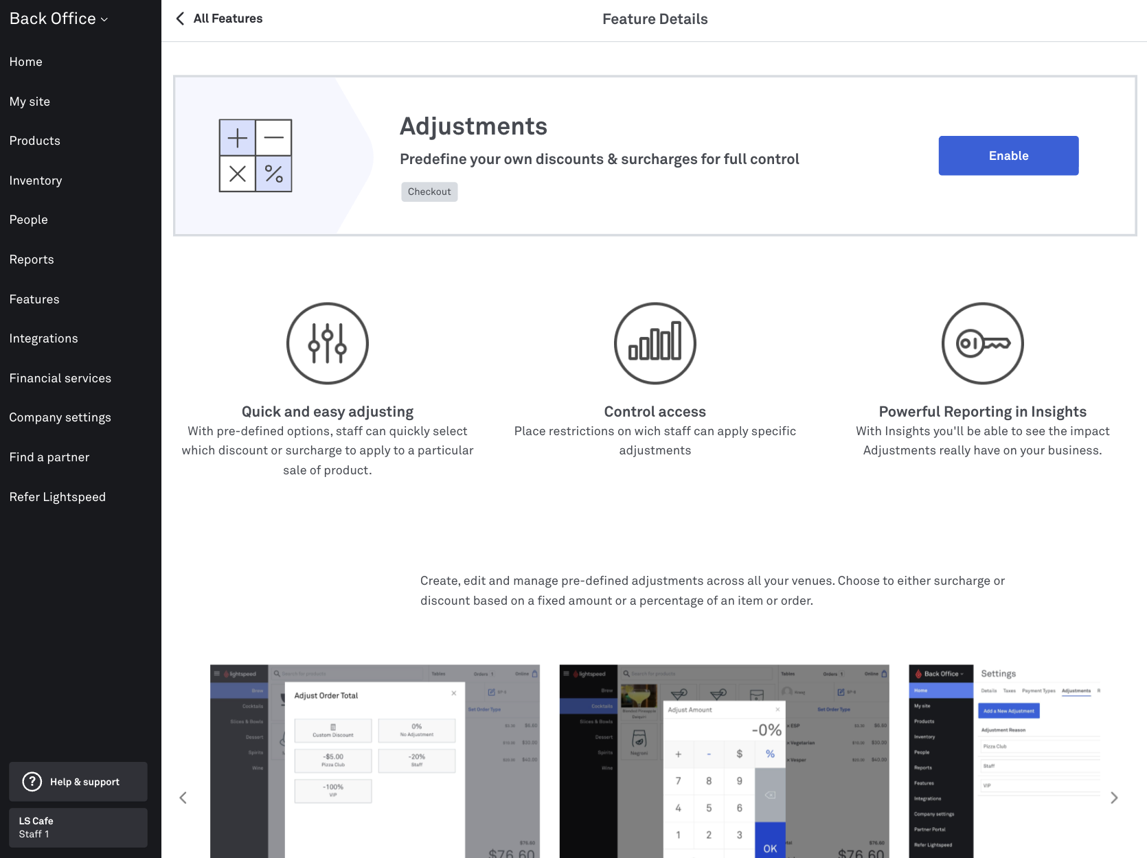 Enable Adjustments feature in Back Office