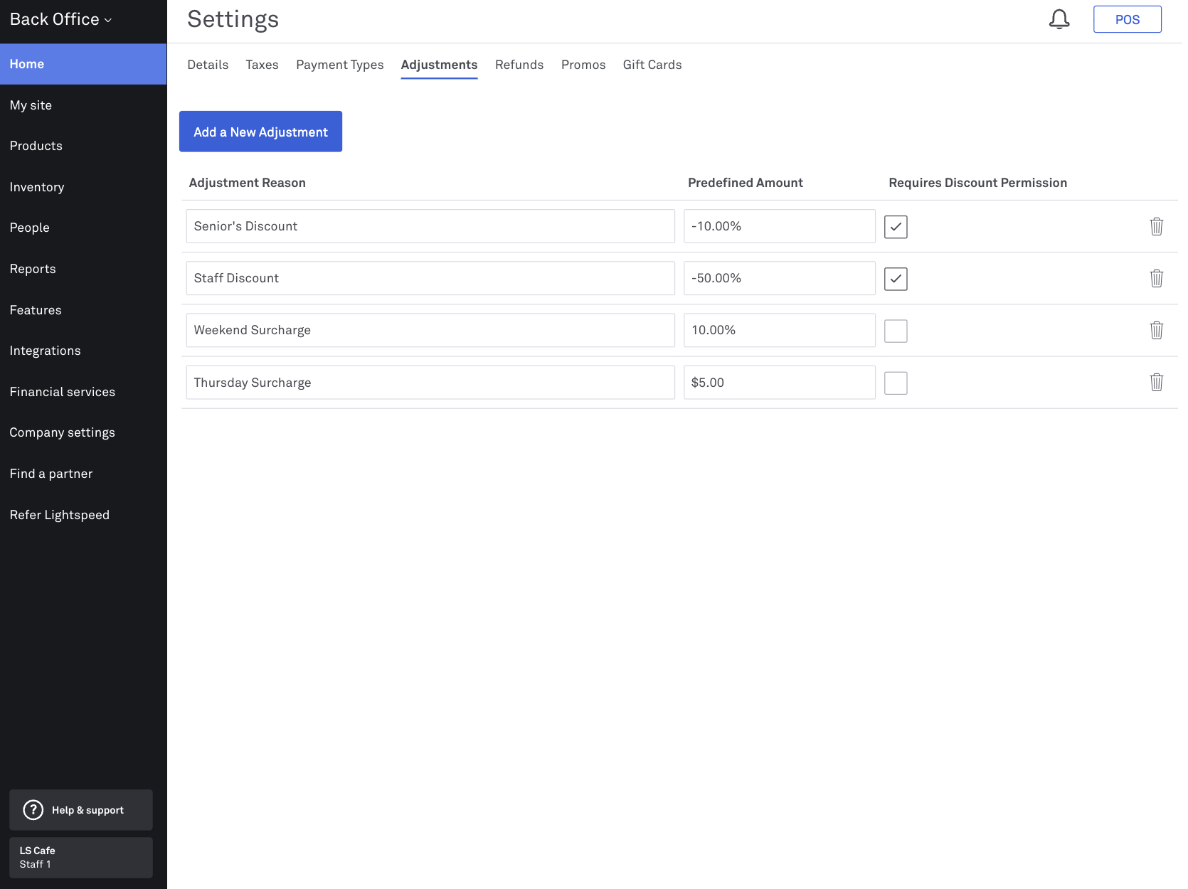Add a new adjustment in Back Office
