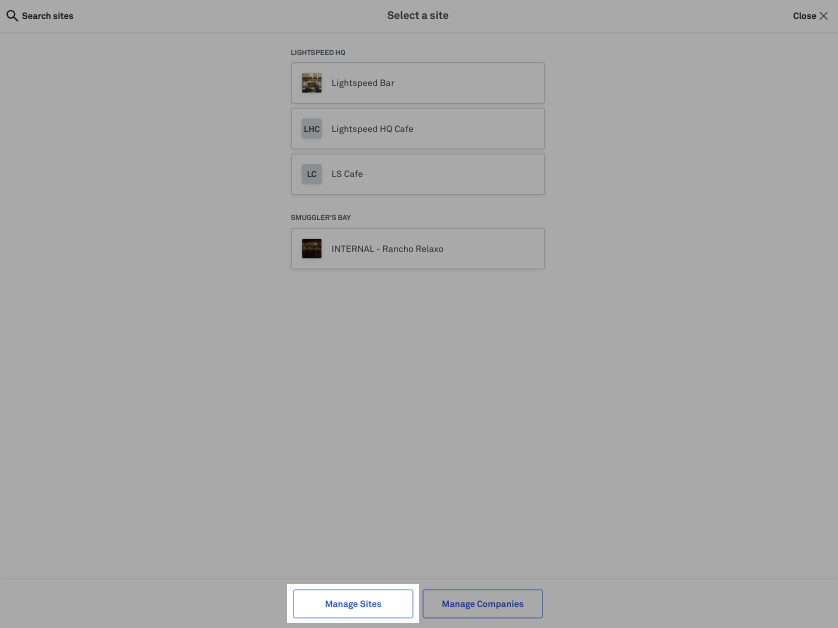 Manage Sites button in Back Office