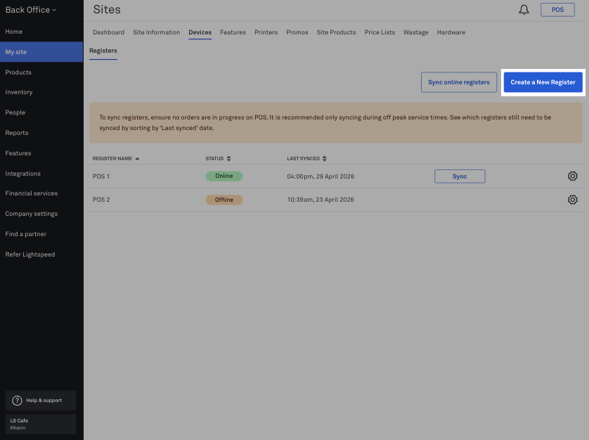 Create a new register in Back Office