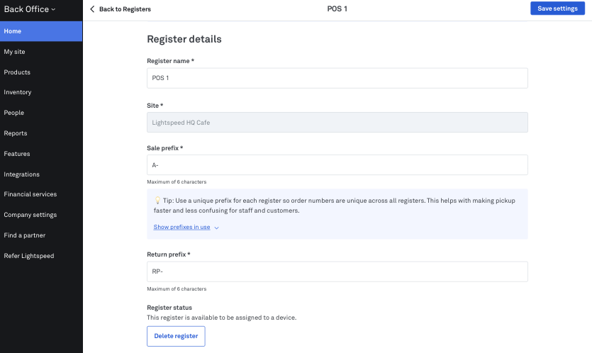 The Delete register button in Back Office