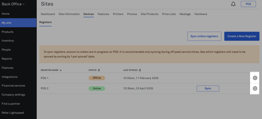 The settings button to manage register settings in Back Office