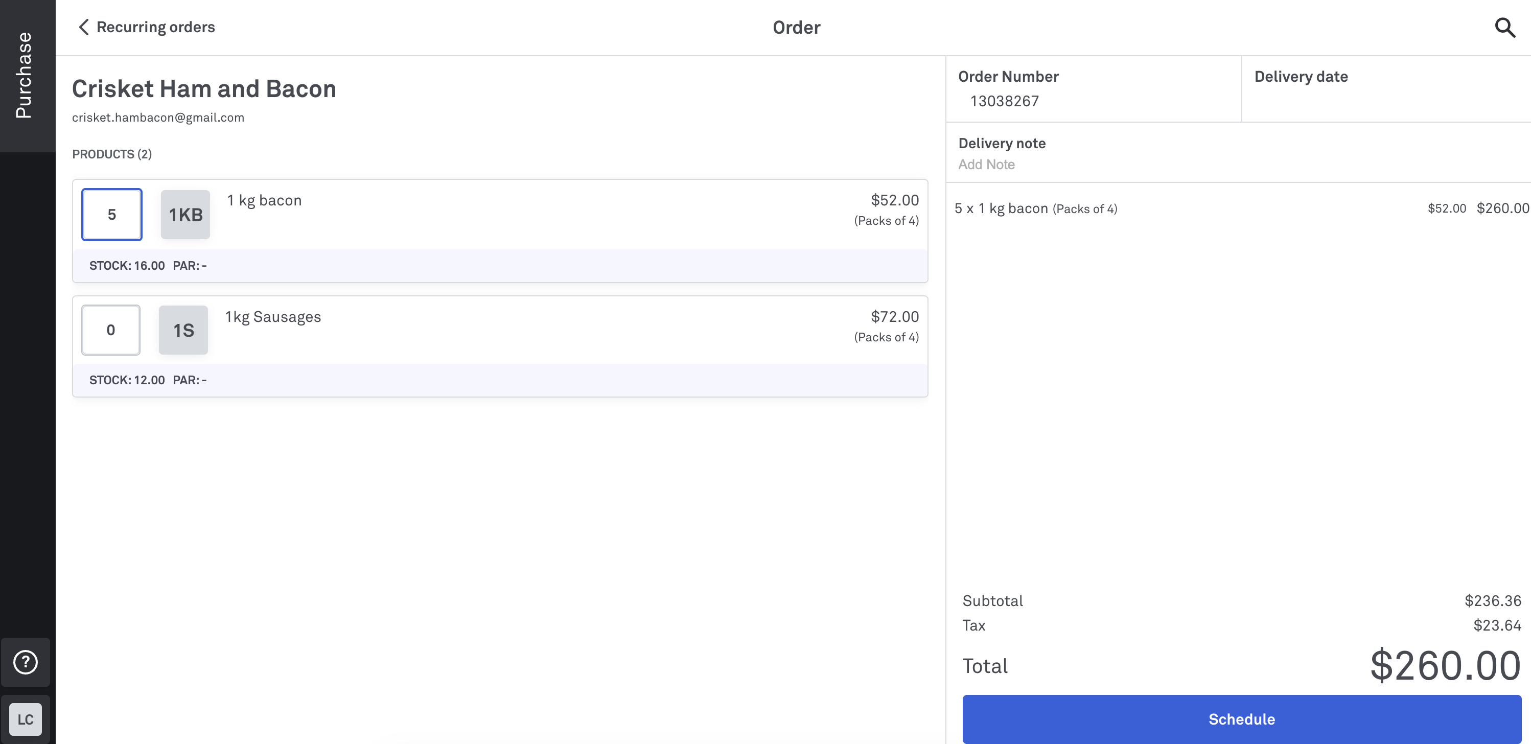 Add items for recurring purchase order