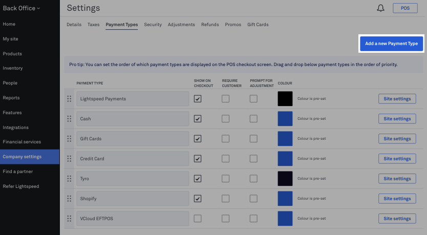 Add new payment type button in Back Office