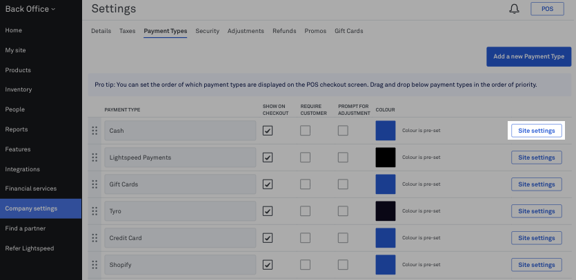 Modify payment type availability per site