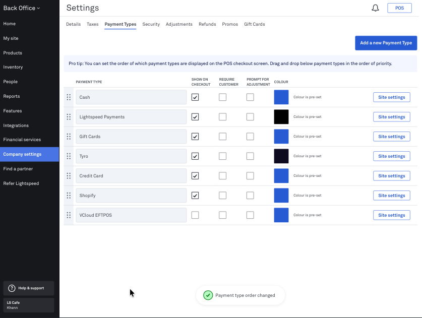 Rearrange order of payment types in Back Office