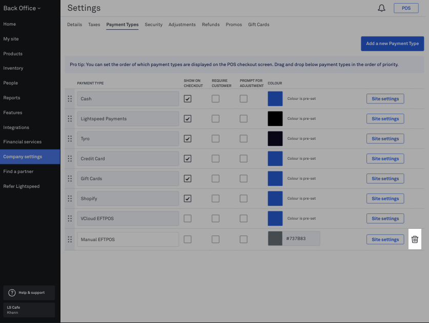 Delete a payment type in Back Office