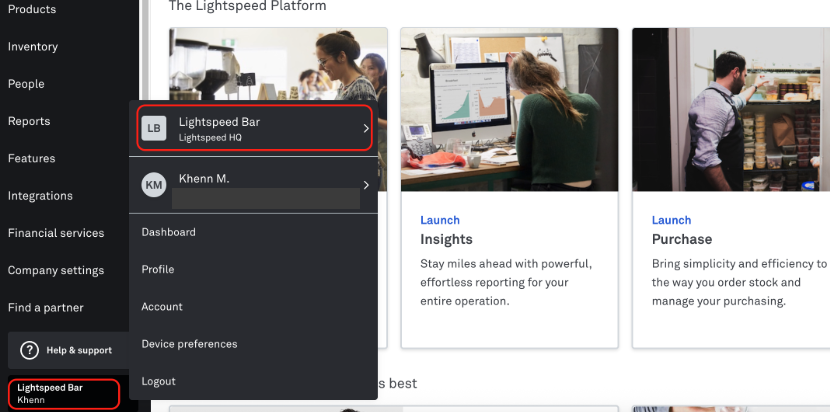 The site name button to switch companies or sites in Back Office