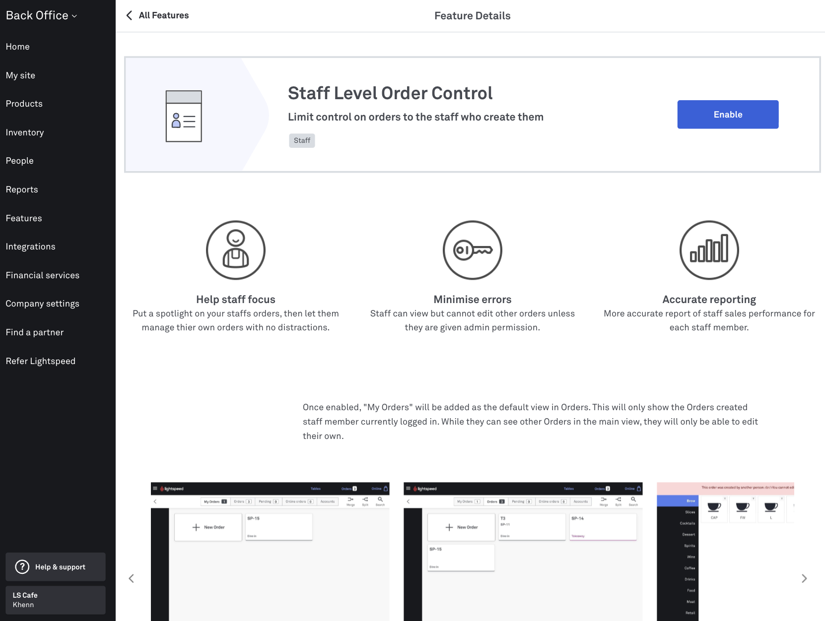 Enable Staff Level Order Control feature in Back Office
