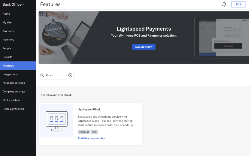 The Lightspeed Kiosk feature in Back Office Features section