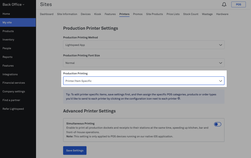 Printer/Item Specific option under Production Printing in Back Office