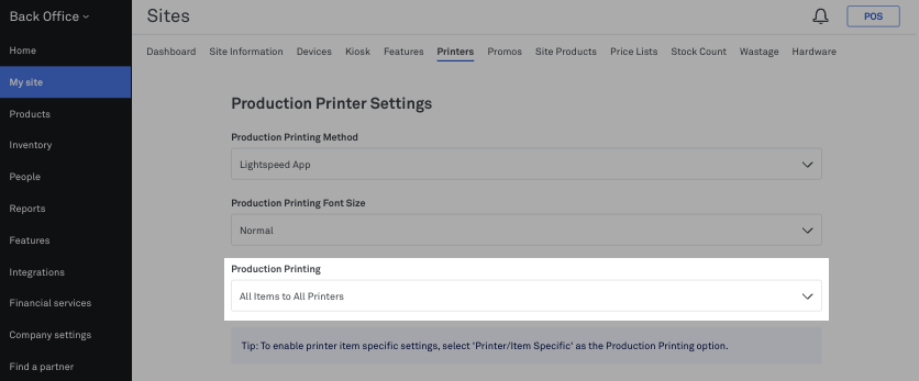 All items to all printers option under Production Printing in Back Office