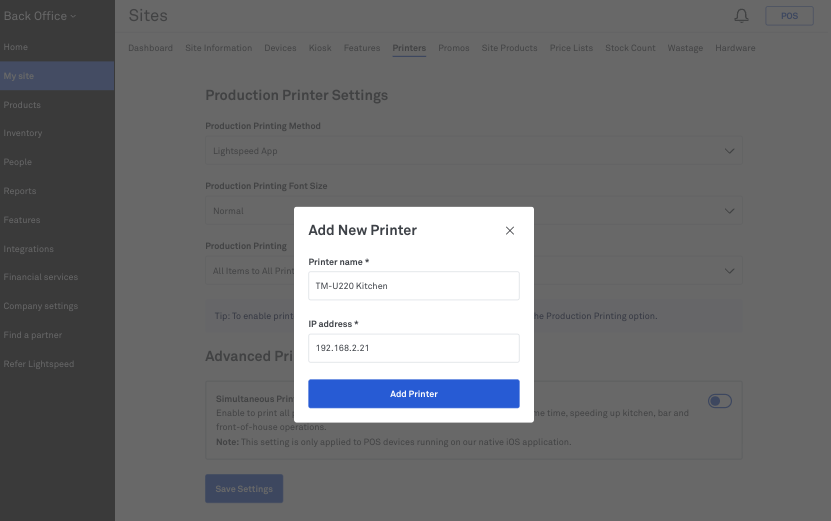 The Back Office printer screen