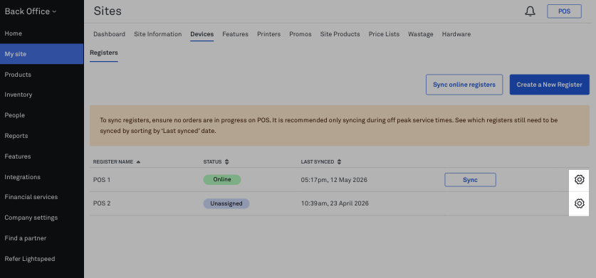 The settings button to access register details in Back Office