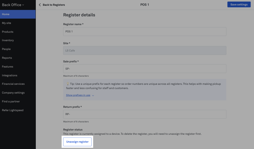 The unassign register button in Back Office