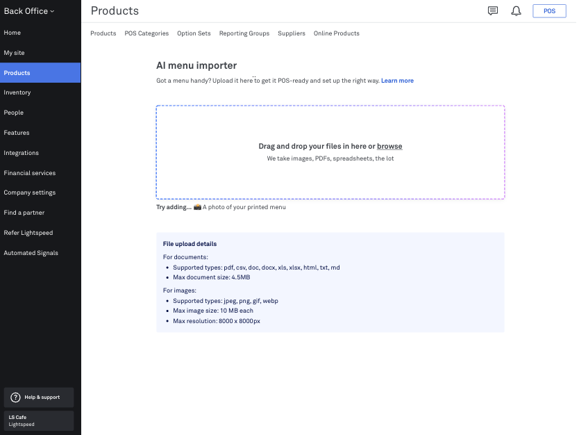 The AI menu importer upload files box