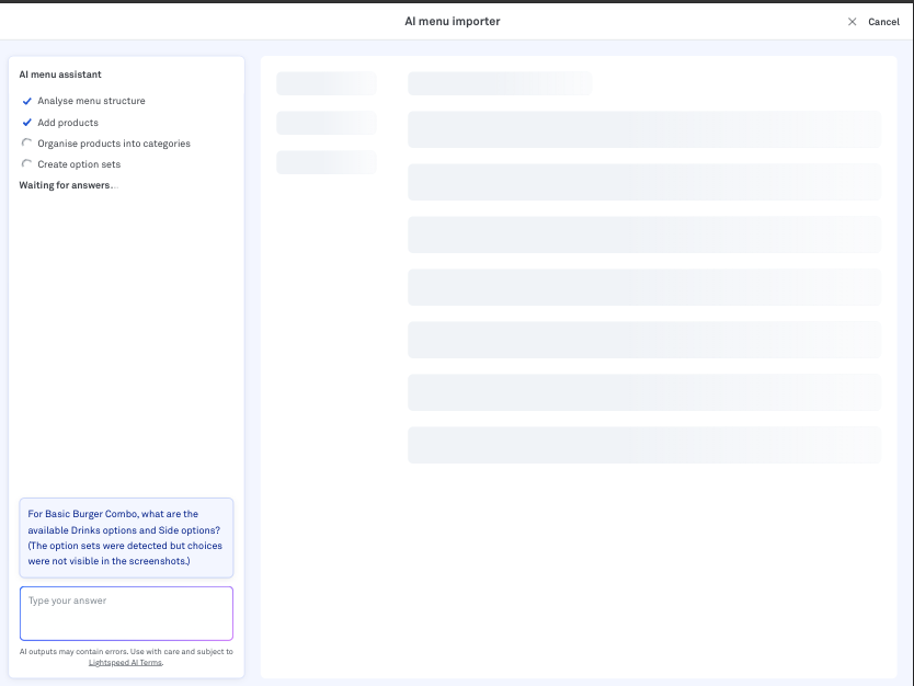The AI menu importer menu assistant screen