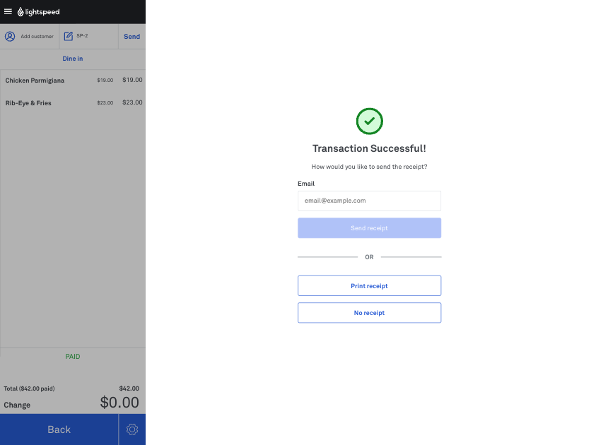 The email receipt prompt screen after completing a transaction