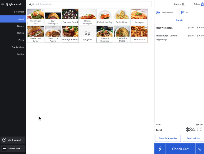 The POS menu layout screen