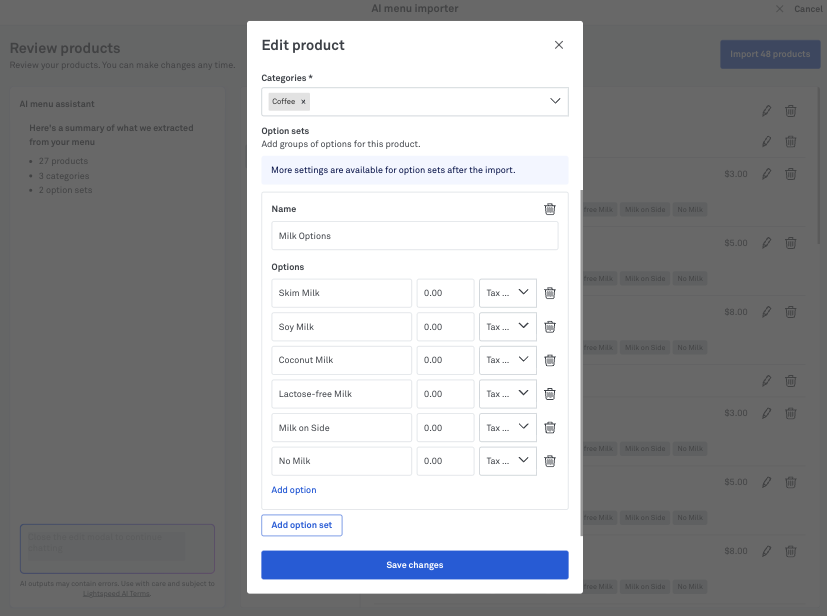 The edit product and add option set section in AI menu importer screen