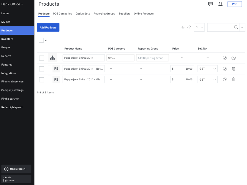 Back Office settings icon to access settings of stock product