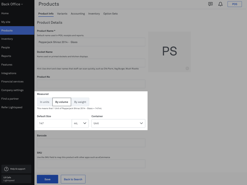 Back Office settings to access settings for wine by the glass product