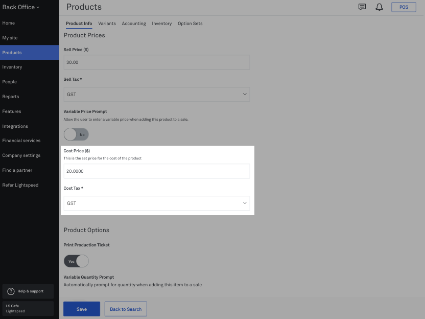 Back Office product details cost price section