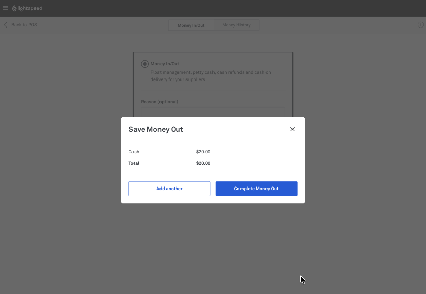 The button showing Complete Money Out in the POS