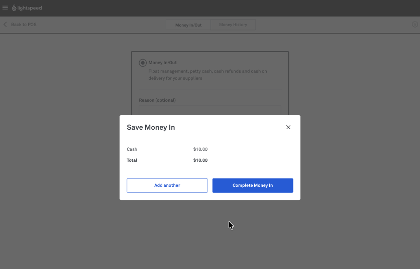 The button showing Complete Money In in the POS