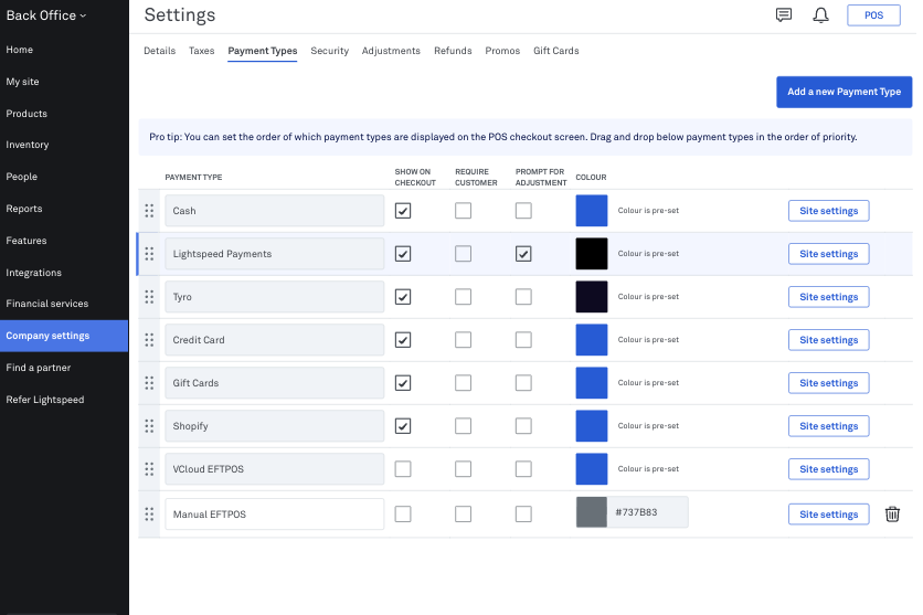 The prompt for adjustment option when enabling per payment type
