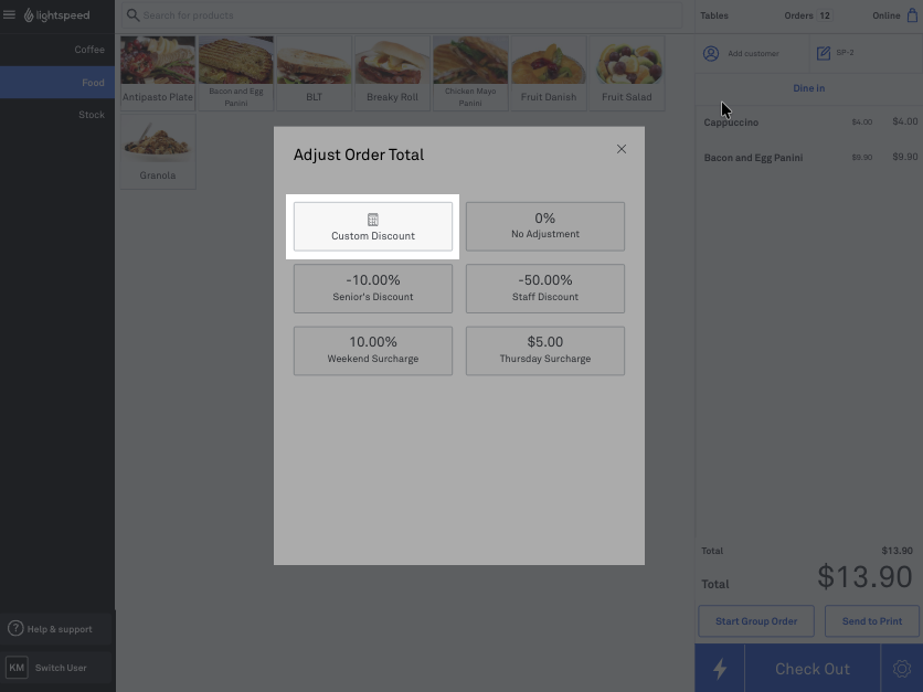 The adjustments selection highlighting custom discount in the POS