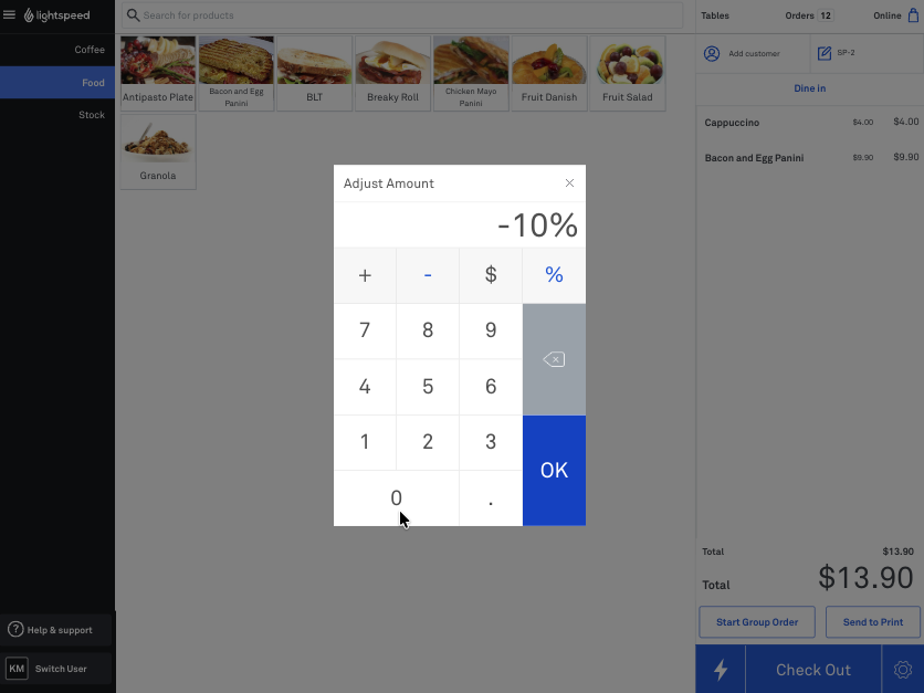 The adjust amount screen to enter custom discount value