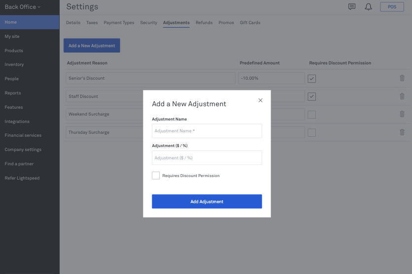 Add new adjustment screen in Back Office