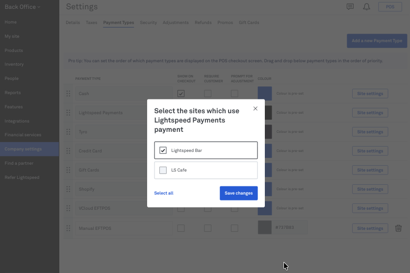 Site selections when enabling payment types per site