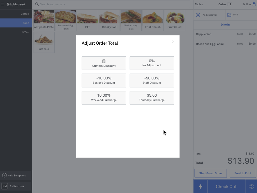 The adjustments selection in the POS