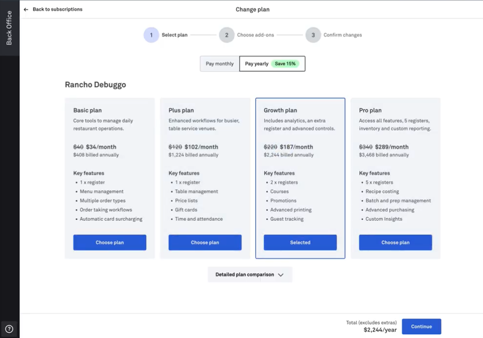 Back Office Pay yearly plan option screen